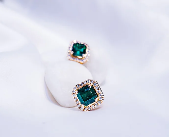 Emeralds and Diamond Cushion-cut Studs 2