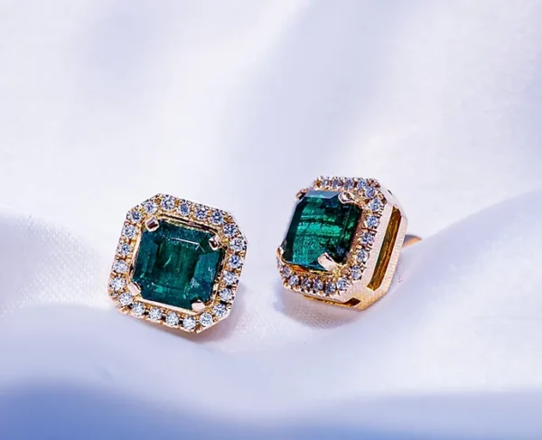 Emeralds and Diamond Cushion-cut Studs