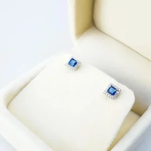 Sapphire Square and Diamond Stud Earrings