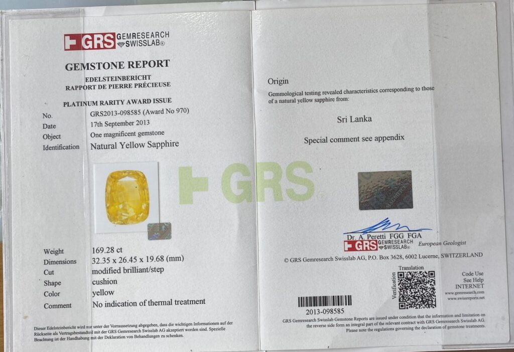 169.28 ct Yellow Sapphire Certificate